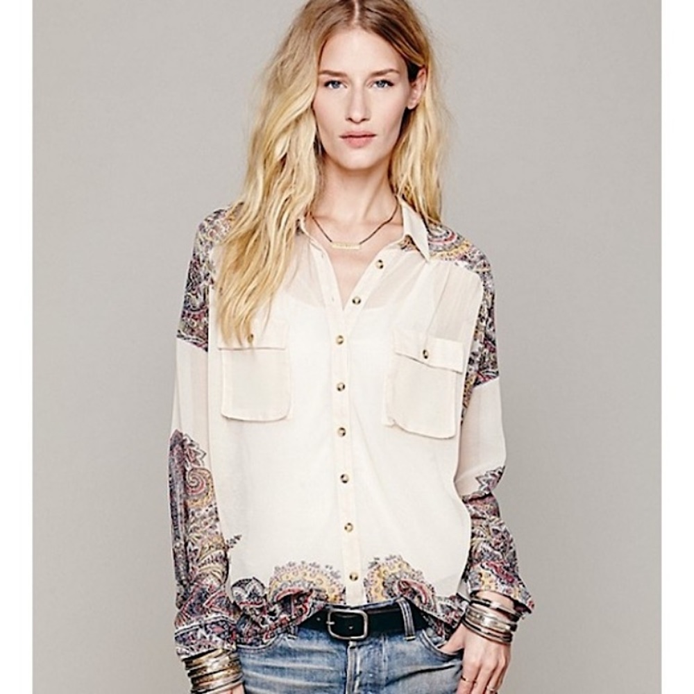 FREE PEOPLE Awash In Paisley Sheer Beige Button-Down Dress Shirt MEDIUM